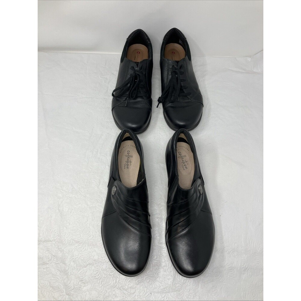 Clarks Black Leather 9 M Shoes LOT Hope Roxanne Comfort Wedge & Un Adorn Lace Up